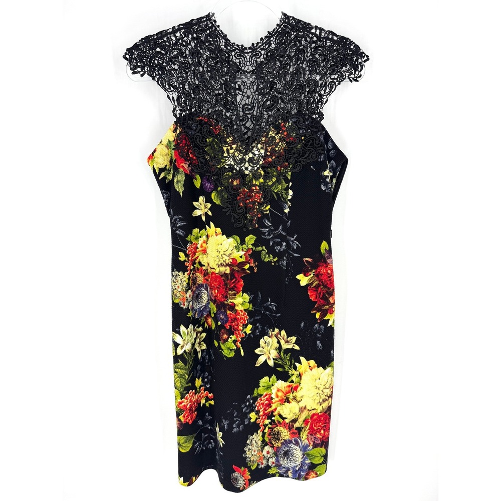 Joseph Ribkoff Floral Lace Sheath Dress‎ Black Multicolor Crochet Cap Sleeve 8